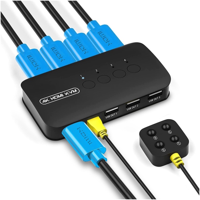 Tobo 4K HDMI KVM Switch, 4 Port HDMI USB Switch for 4 Computer Share a 4K@30Hz Monitor and 3 USB Device Keyboard Mouse Printer, Including 4 KVM Cables TD-1156H